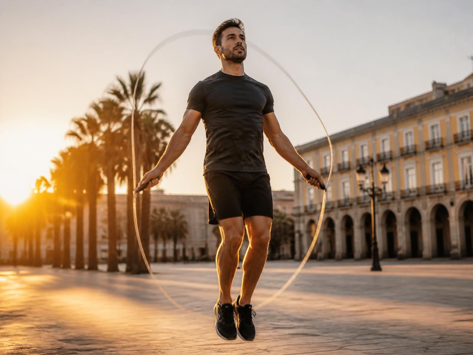 Homem pulando corda ao pôr do sol em praça pública